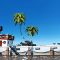 White Vintage Ship With Palm Trees And Decorative Flowers On Wooden Dock Under Blue Sky
