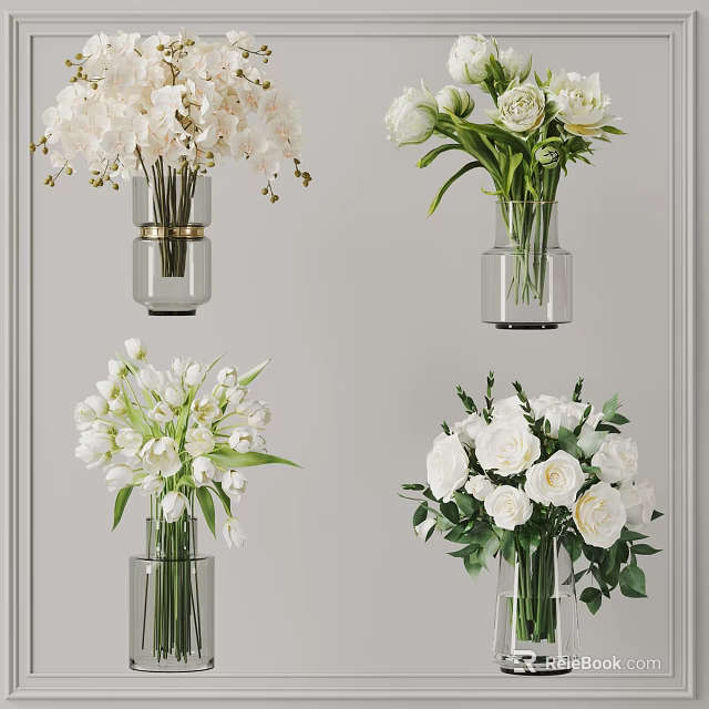 Elegant Modern Clear Glass Vases With White Roses Lilies And Fresh Green Leaves 3d model 