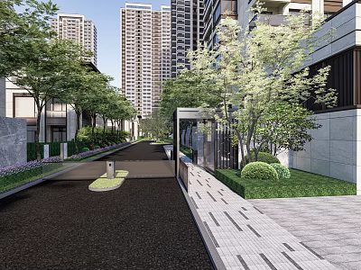 Modern Urban Garden Landscape With Trees Green Plants Paved Pathway And High Rise Buildings 3d model