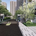 Modern Urban Garden Landscape With Trees Green Plants Paved Pathway And High Rise Buildings