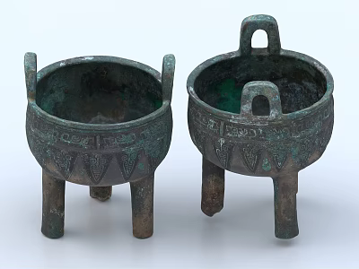 Antique Style Ceramic Vessels with Three Legs Double Handles and Intricate Decorative Patterns 3d model