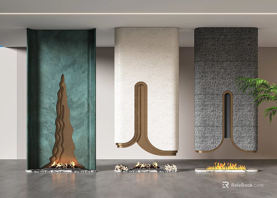 Three Modern Fireplaces Different Materials And Styles With Flames Interior Design 3d model