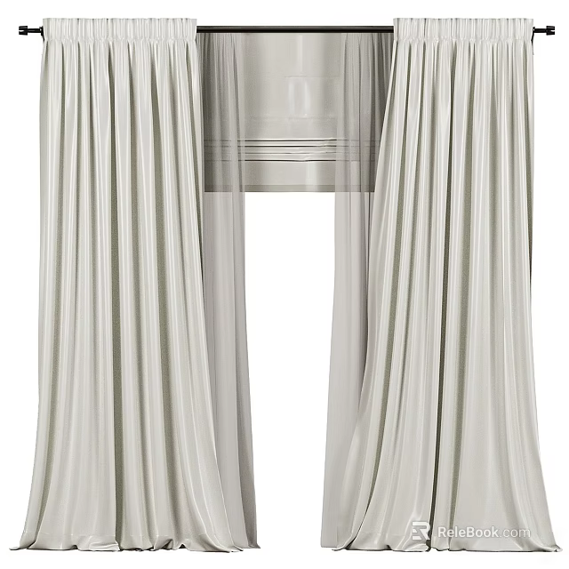 Light Gray Pleated Curtains With Sheer Overlay For Elegant Window Treatment 3d model