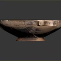 Terracotta Bowl Sculpture With Carved Red Brown Surface Patterns And Double Handles