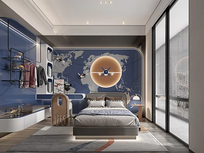 Kids Room Interior With Blue Walls World Map Circular Decor Bed Shelves And Windows 3d model