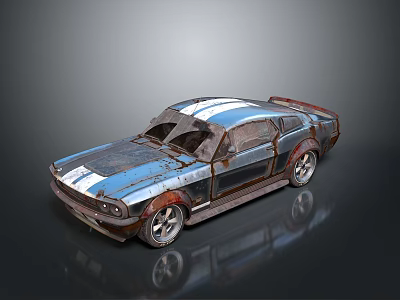 Rusty Vintage Blue Sports Car With White Stripes Worn Out Body And Weathered Wheels 3d model