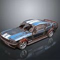 Rusty Vintage Blue Sports Car With White Stripes Worn Out Body And Weathered Wheels