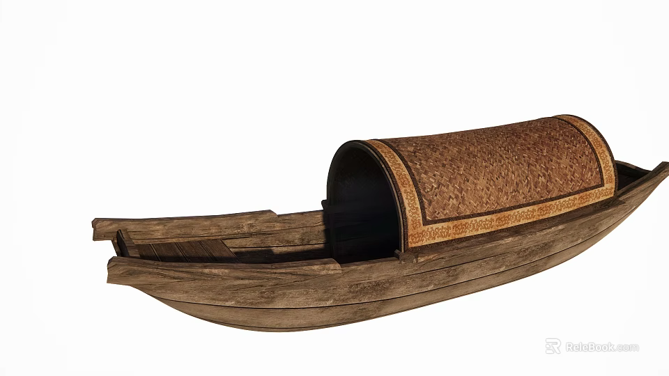 Traditional Wooden Boat Featuring Woven Canopy Textured Hull And Classic Design 3d model 