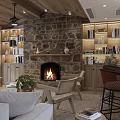 Cozy Living And Dining Room Interior With Wooden Ceiling Stone Fireplace And Sofa