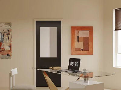 Modern Glass Top Desk With Metal Frame And Decorative Paintings In Room 3d model