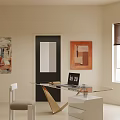 Modern Glass Top Desk With Metal Frame And Decorative Paintings In Room