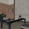 Japanese Style Tea Room With Dark Wood Table Cushioned Seats Wall Art And Tea Sets