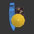 Outdoor Table with Yellow Umbrella Blue Boat and Chairs on Patio Mat 3d model