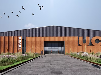 Large Industrial Plant Red Brick Facade Entrance Pedestrians Green Plants Birds in Sky 3d model