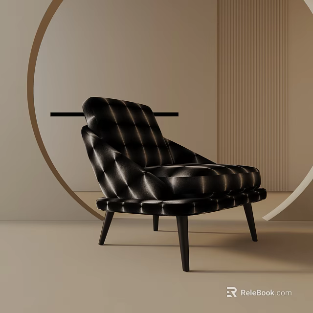 Stylish Modern Black Leather Tufted Lounge Chair With Diamond Pattern And Wooden Legs 3d model 