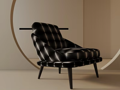 Stylish Modern Black Leather Tufted Lounge Chair With Diamond Pattern And Wooden Legs 3d model