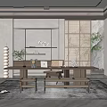 Modern Minimalist Study Room Interior With Long Wooden Desk Shelves Green Plants And Benches