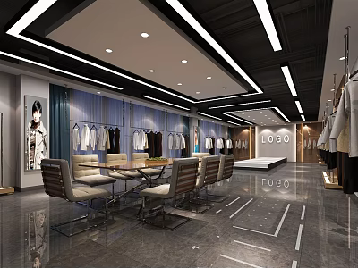 Modern Clothing Store Interior With Clothing Racks Seating Area Brand Logo And Lighting Design 3d model