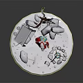 Winter Snowy Scene With Red Coated Figure Snowy Tree Tripod Pot Stones And Falling Snowflakes