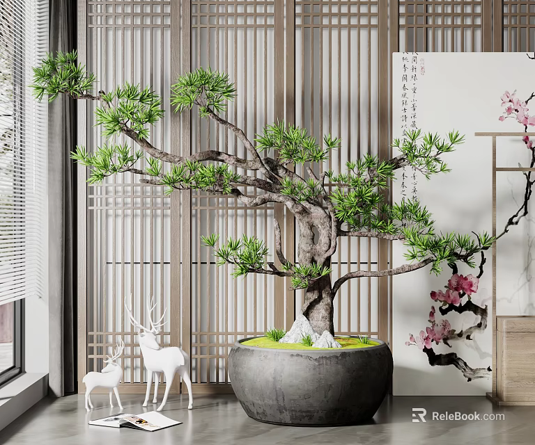 Pine Bonsai Plant In Grey Ceramic Pot With Wooden Lattice Screen And White Deer Ornaments 3d model 