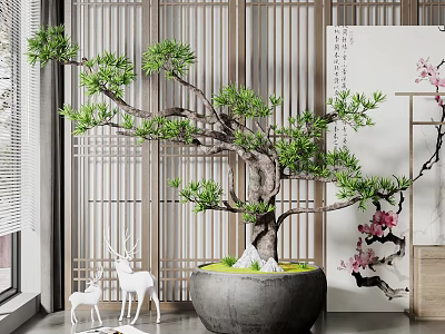 Pine Bonsai Plant In Grey Ceramic Pot With Wooden Lattice Screen And White Deer Ornaments 3d model