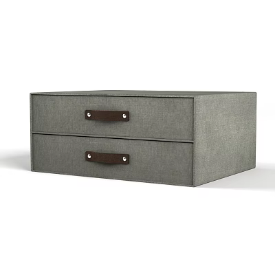 Simple Modern Gray Bedside Table With Two Drawers And Brown Leather Handles 3d model