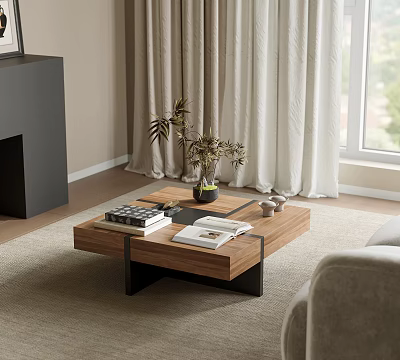Living Room Stylish Coffee Table With Wooden Top Black Legs Books Vase And Plants 3d model