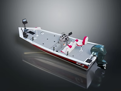 White And Red Fishing Boat With Seats Console Deck And Outboard Motor 3d model