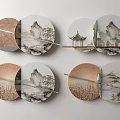 Chinese Circular Landscape Wall Decor With Split Wooden Frame Design 3d model