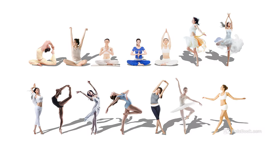 Group of People Practicing Various Dancing And Yoga Poses With Different Movements 3d model 