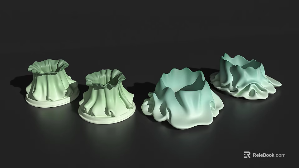 Elegant Light Green Ceramic Vessels With Ruffled Design On Dark Surface 3d model 