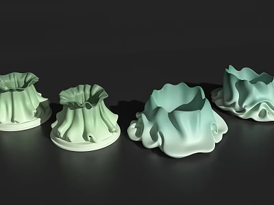 Elegant Light Green Ceramic Vessels With Ruffled Design On Dark Surface 3d model