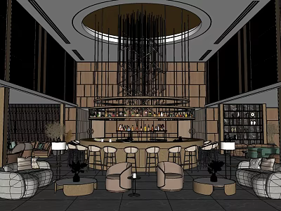 Modern Interior Space With Circular Bar Hanging Chandelier Seats And Wooden Bookshelves 3d model