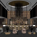 Modern Interior Space With Circular Bar Hanging Chandelier Seats And Wooden Bookshelves