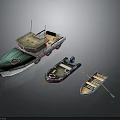 Different Types of Water Vehicles Including Green White Fishing Boat Motorboat and Rowboat