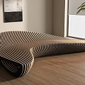 Modern Curved Black and White Striped Outdoor Lounge Chair with Streamlined Wooden Design