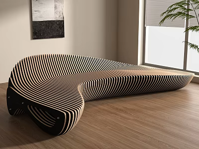 Modern Curved Black and White Striped Outdoor Lounge Chair with Streamlined Wooden Design 3d model
