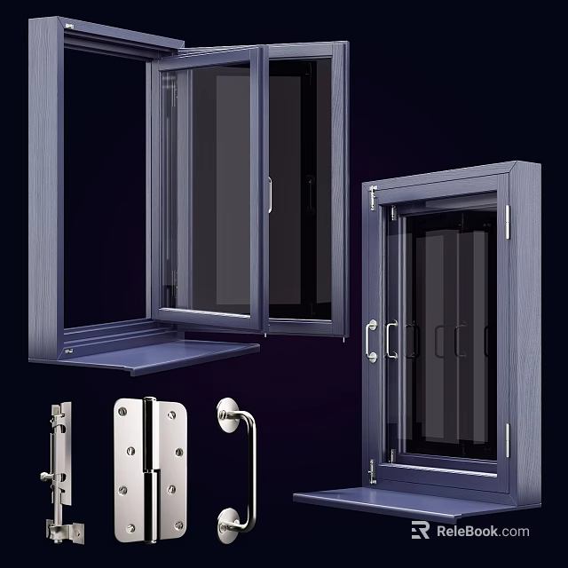 Modern Casement Windows with Metal Frame Structure and Hardware Components 3d model 