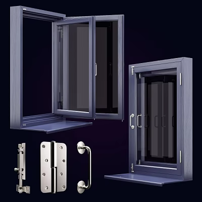 Modern Casement Windows with Metal Frame Structure and Hardware Components 3d model