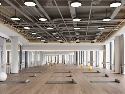 Spacious Fitness Studio Interior With Yoga Equipment 3d model