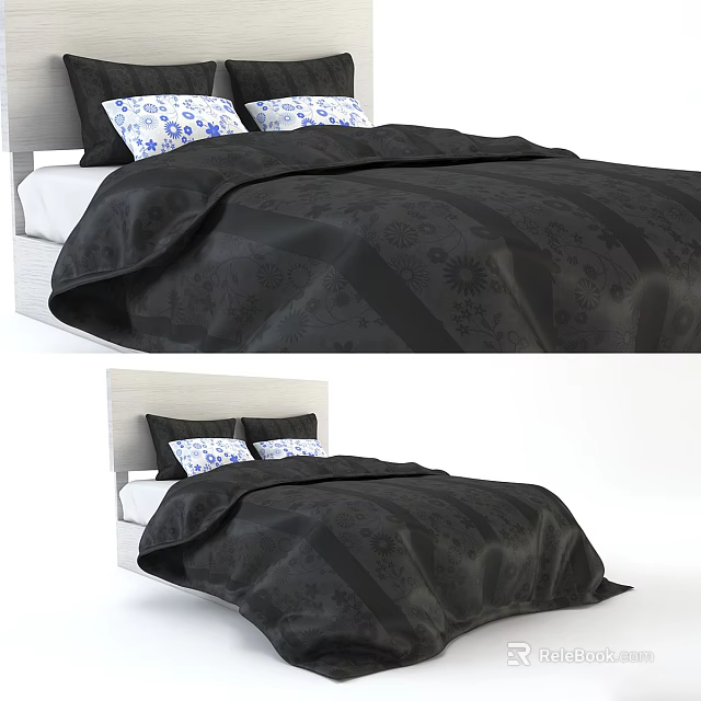 Modern Double Bed with Black Patterned Bedspread Blue White Pillows and White Headboard 3d model