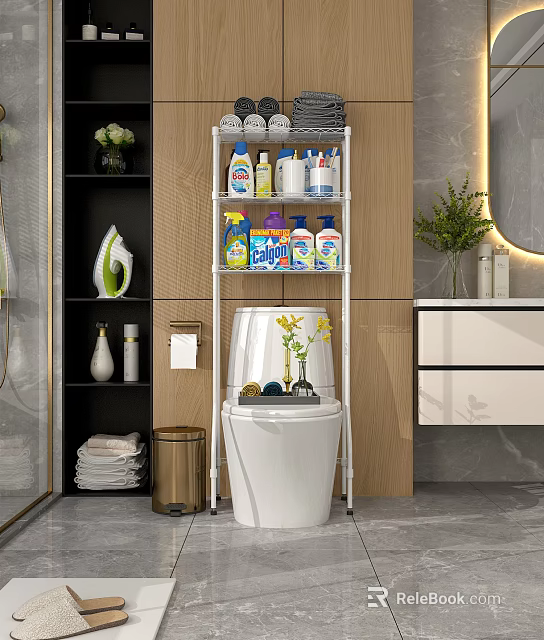 Neat Modern Bathroom Toilet With Metal Storage Rack And Cleaning Supplies 3d model 