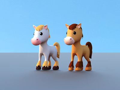 Two Adorable Cartoon Horse Toys Standing On Blue Background With Mane And Tail 3d model