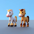Two Adorable Cartoon Horse Toys Standing On Blue Background With Mane And Tail