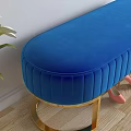 Blue Velvet Tufted Sofa Bench With Gold Round Base And Pink High Heels