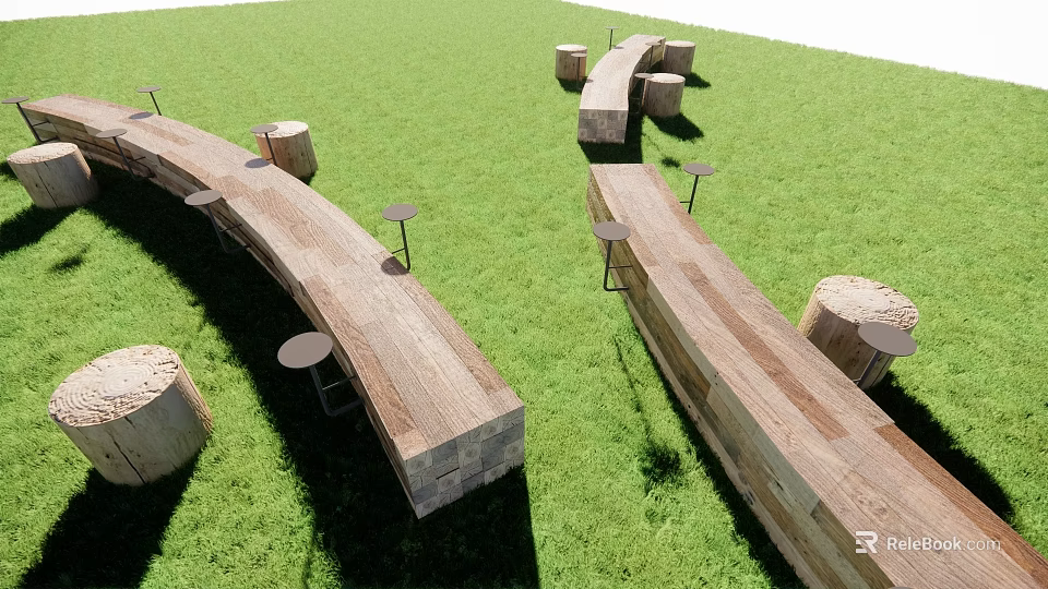 Outdoor Natural Wooden Public Chairs with Log Stumps Placed on Green Grass 3d model 