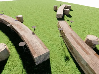 Outdoor Natural Wooden Public Chairs with Log Stumps Placed on Green Grass 3d model