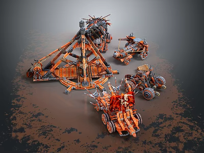 Orange Metal Mechanical Structures With Wheeled Vehicles On Rustic Terrain Design 3d model