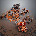 Orange Metal Mechanical Structures With Wheeled Vehicles On Rustic Terrain Design 3d model