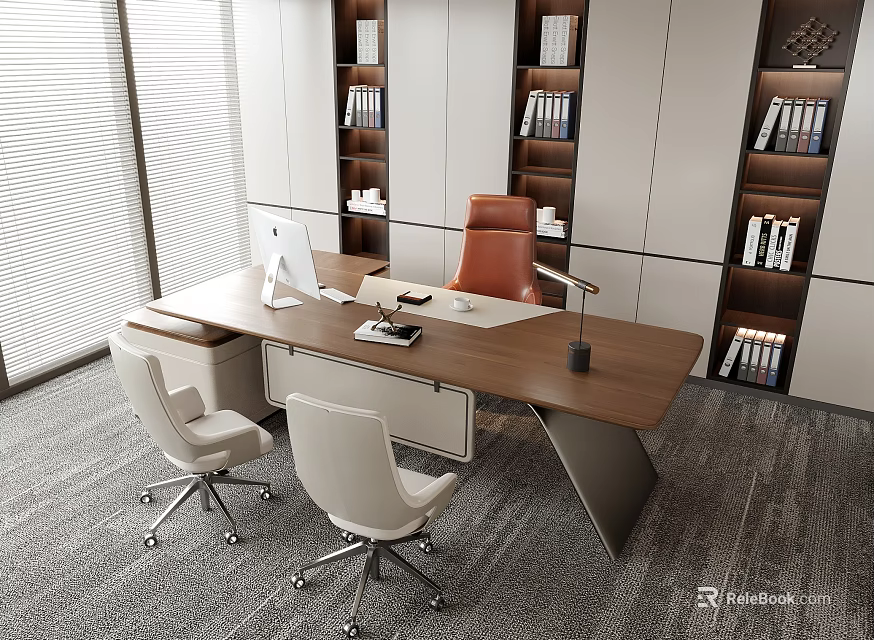 Modern Office Interior Design With Wooden Desk Leather Chair Computer And Bookshelves 3d model 